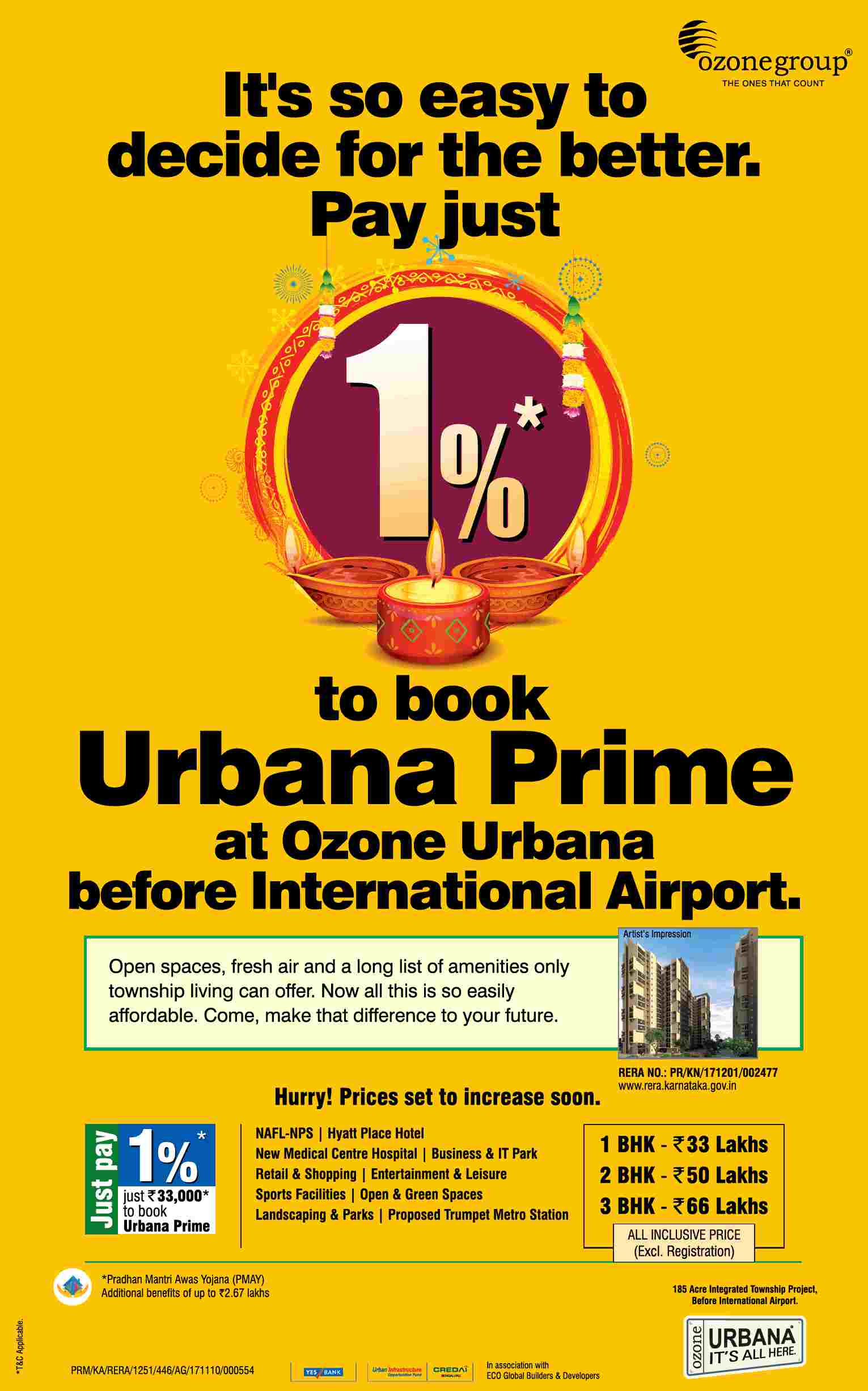 Just pay 1% to book your home at Ozone Urbana Prime in Devanahalli, Bangalore